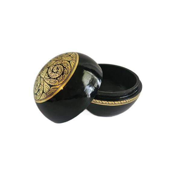 Vintage Black & Gold Lacquer Jewelry Box, Lacquer Wood Decorative Round Box - Picture 7 of 10